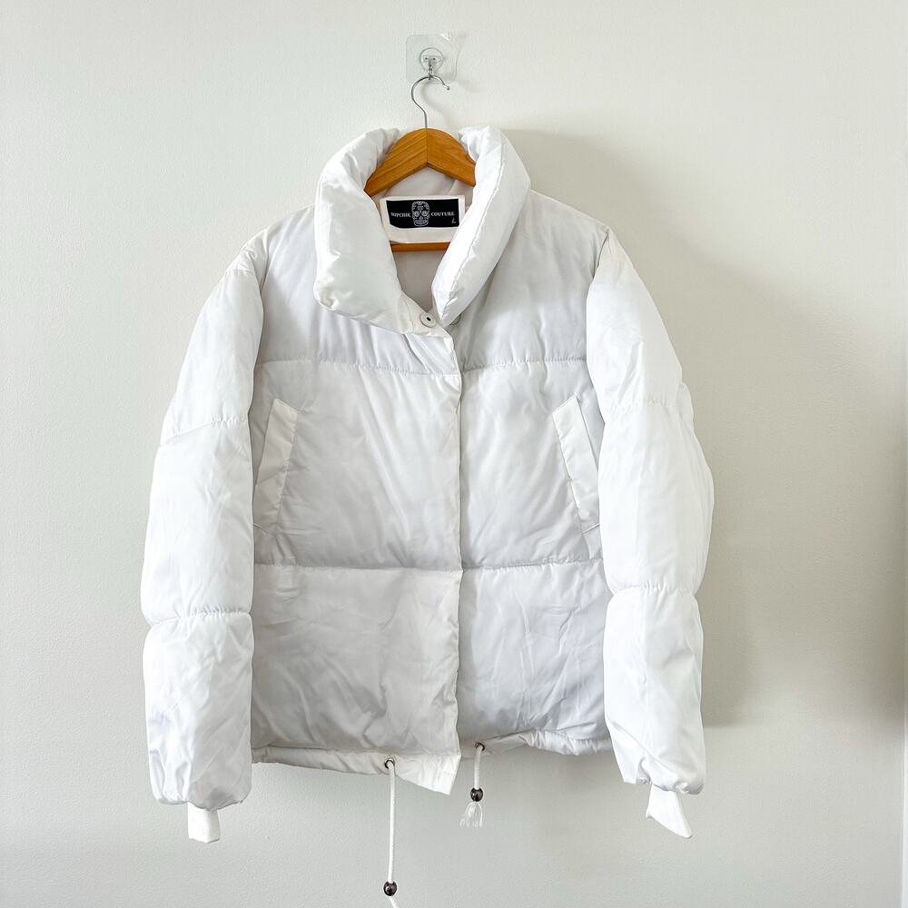Hipchik Couture Zip Up Sequin Tongue Puffer Jacket White L